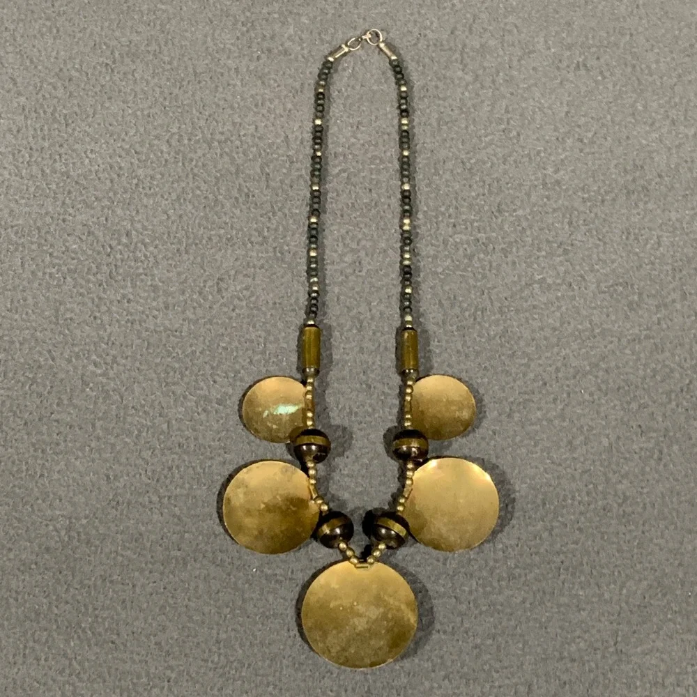 Vintage Necklace Women Mixed Metal Brass Copper Disc Brutalist Egyptian Revival